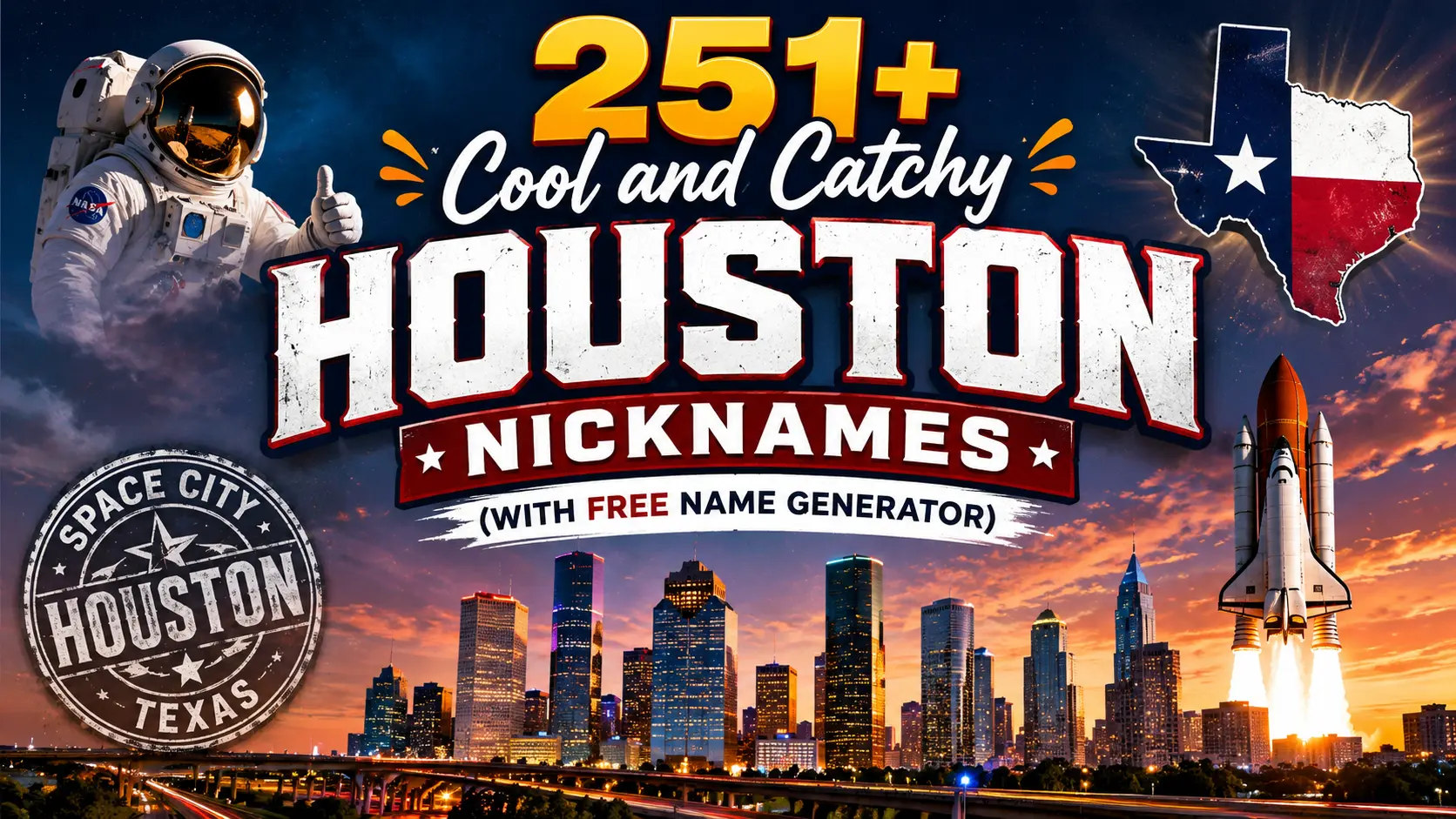 Cool and Catchy Houston Nicknames (With Free Name Generator) This guide explores Houston nicknames shaped by culture, pride, space history, sports passion, and humor that locals proudly use every day! The city’s space roots, rich history, and diverse communities all reflect a strong Southern charm, which is why many nicknames feel bold, cute, or naturally funny. Sports loyalty, long-standing legacy, and everyday humor all blend, making each name feel perfectly tied to the city’s personality. As a practical naming guide, this section offers flexible inspiration for babies, pets, usernames, and social media profiles. I’ve personally used a city-inspired nickname before, and the confidence boost it gives is very real. The list is arranged into clear categories with meanings, origins, and tone explained, so it’s easy to pick something creative and memorable. Whether you prefer playful or serious styles, every option connects back to what the city truly represents. This SEO-friendly guide delivers 251+ ideas and brings everything together in one well-structured place. Each section is carefully planned so browsing feels simple and purposeful. From bold modern options to names shaped by history, the wide variety shows why the city continues to inspire nicknames that feel lasting, meaningful, and easy to connect with. Top Houston Nicknames Houston's nicknames often represent pride, energy, and cultural depth. The top Houston nicknames are popular because they feel natural, recognizable, and timeless. Many come from local slang, sports culture, or historical references, making them meaningful and relatable. These nicknames work well for locals, fans, pets, or even brands wanting a strong Houston identity. They are easy to pronounce, fun to share, and emotionally connected to the city’s legacy. Whether you prefer something classic like H-Town or something playful and modern, top Houston nicknames never go out of style. Fun Fact: Houston earned global recognition as “Space City” due to NASA’s Johnson Space Center. This space connection heavily influences Houston's nicknames, blending science, culture, and creativity. Many nicknames reflect innovation, ambition, and exploration, making them unique and instantly recognizable. Name Meaning Tone Origin H-Town Short form of Houston Cool Local slang Space City NASA headquarters Iconic Cultural Bayou City City of Bayous Poetic Geography The Big H Abbreviated Houston Bold Local Astro Astros influence Sporty Sports Lone Star H Texas pride Patriotic State H-Flow Smooth Houston vibe Cool Modern H-Vibe Houston lifestyle Trendy Creative Space Ace Skilled Houston rep Confident NASA H-Pulse City energy Dynamic Modern Best Houston Nicknames The best Houston nicknames balance popularity with personality. These names stand out without feeling forced, making them perfect for everyday use. They reflect Houston’s charm, diversity, and larger-than-life attitude. The best Houston nicknames are versatile and can fit any age, gender, or personality type. Whether you want something strong, friendly, or stylish, the best nicknames are easy to remember and emotionally appealing. They also work great for social media usernames or team names because they instantly connect with Houston culture. Fun Fact: Houston is the fourth-largest city in the United States. Its size and diversity inspire a wide variety of nicknames, from bold and powerful to fun and friendly. That’s why Houston nicknames are known for flexibility and creative expression. Name Meaning Tone Origin Big H Major city nickname Strong Local Space Star Space inspiration Cool NASA Bayou Boss Houston leadership Bold Local H-Spark City energy Fun Creative Astro King Astros pride Sporty Sports H-Wave Cultural movement Trendy Modern Lone H Texas identity Proud State Space Flame Ambition Powerful Creative H-Prime Best of Houston Confident Modern Bayou Ace Skilled Houston native Cool Local Houston Nicknames With Meaning Meaningful Houston nicknames go beyond sound and style. They represent values like strength, creativity, pride, and resilience. These nicknames often tell a story connected to Houston’s landmarks, history, or cultural roots. Choosing a nickname with meaning helps create a deeper emotional connection. These nicknames are perfect for people who want their name to symbolize something special. Whether honoring Houston heritage or expressing personal traits, meaningful nicknames feel intentional and authentic. Fun Fact: Houston’s cultural diversity shapes meaningful nicknames from multiple influences, including southern tradition, modern slang, and space exploration. Each nickname often reflects ambition, unity, and innovation, which are core traits associated with Houston’s identity. Name Meaning Tone Origin Space Pioneer Explorer mindset Inspirational NASA Bayou Heart City soul Warm Local H-Legacy Houston pride Strong Cultural Astro Spirit Sports passion Energetic Sports Lone Star Soul Texas roots Proud State H-Vision Forward thinker Motivational Modern Bayou Flame Passion Bold Local Space Torch Innovation Powerful Creative H-Anchor Stability Calm Symbolic Astro Path Ambition Uplifting Sports Cute Houston Nicknames Cute Houston nicknames focus on affection, sweetness, and charm. They are ideal for pets, kids, partners, or playful usernames. These nicknames often use soft sounds and friendly wordplay inspired by Houston culture. Cute nicknames make Houston feel warm and approachable. They highlight the city’s friendly personality while keeping things lighthearted and fun. Fun Fact: Houston’s nickname “Bayou City” inspires many cute and soft-sounding names. These nicknames often combine local culture with affectionate language, making them perfect for babies, pets, and close relationships. Name Meaning Tone Origin H-Boo Affectionate Houston name Cute Slang Bayou Baby Sweet Houston vibe Cute Local Spacey Space-inspired cuteness Playful Creative H-Bun Adorable nickname Sweet Slang Astro Cub Small but energetic Cute Sports Little H Tiny Houston rep Cute Local H-Snug Warm personality Soft Creative Bayou Puff Gentle charm Cute Local Space Pop Fun energy Cheerful NASA H-Peach Friendly personality Sweet Modern Baby Houston Nicknames Baby Houston's nicknames are gentle, loving, and playful. They combine softness with city pride, making them ideal for infants and toddlers. These nicknames feel comforting and joyful while keeping Houston’s cultural essence alive. Parents often choose baby nicknames that sound cute now and meaningful later. Houston baby nicknames balance both perfectly. Fun Fact: Many Houston baby nicknames come from shortened city terms or space themes. These nicknames grow with the child, evolving from playful baby names into meaningful personal identifiers over time. Name Meaning Tone Origin H-Tot Little Houston baby Cute Slang Baby Bayou Houston baby Sweet Local Space Sprout Young explorer Cute NASA Little Astro Small star Playful Sports Tiny H Mini Houston Cute Local Bayou Bean Small and sweet Soft Local H-Bibble Baby's sound nickname Cute Creative Space Wink Gentle charm Sweet Creative Astro Baby Sports spirit Cute Sports H-Glow Bright future Warm Modern Male Houston Nicknames Male Houston nicknames emphasize confidence, strength, and leadership. They often reflect sports culture, Texas pride, or urban coolness. These nicknames work well for men, boys, and even strong-willed pets. They project authority while remaining approachable. Houston male nicknames are bold, modern, and culturally grounded. Fun Fact: Houston sports teams strongly influence male nicknames. Many nicknames highlight strength, resilience, and competitiveness, reflecting the city’s energetic and driven personality. Name Meaning Tone Origin H-Boss Leader Strong Slang Astro King Sports dominance Bold Sports Bayou Bro Friendly strength Cool Local Lone H Texas masculinity Proud State Space Chief Authority Powerful NASA H-Titan Strength Bold Creative Bayou Steel Tough personality Strong Local Astro Ace Skilled Confident Sports H-Prime Best version Cool Modern Space Wolf Fearless Bold Creative Female Houston Nicknames Female Houston nicknames blend elegance, charm, and strength. They highlight beauty, creativity, and confidence inspired by the city’s diversity and culture. These nicknames are versatile and stylish, suitable for women, girls, and pets alike. Fun Fact: Houston’s vibrant arts, fashion, and music scenes inspire graceful and stylish female nicknames. These names often symbolize confidence, beauty, and individuality. Name Meaning Tone Origin H-Belle Beautiful Houston girl Elegant Local Bayou Queen Grace and power Regal Local Space Diva Star personality Glam Creative Astro Lady Sports pride Fun Sports H-Rose Beauty Soft Modern Bayou Pearl Rare charm Elegant Local Space Glow Bright presence Warm Creative H-Starlet Rising star Stylish Modern Astro Angel Sweet strength Cute Sports Lone Lily Texas beauty Gentle State Nicknames Houston Nicknames This section focuses on nicknames about Houston itself. These names celebrate the city’s identity, landmarks, and cultural spirit. They are perfect for city pride, branding, or personal expression. These nicknames reflect Houston’s size, diversity, ambition, and charm. From classic to creative, they represent the heart of the city in short, memorable forms. Fun Fact: City-based nicknames help people emotionally connect with places. Houston nicknames often reflect pride, resilience, and innovation, making them popular in sports, music, and community culture. Name Meaning Tone Origin H-Town Famous city nickname Iconic Local Space City NASA hometown Legendary Space Bayou City Waterway reference Poetic Geography The Big H City pride Bold Local Clutch City Winning spirit Confident Sports H-Metro Urban identity Modern Creative Lone Star Hub Texas heart Proud State Space Port Future-focused Cool Creative Bayou Core City essence Strong Local H-Central Main attraction Bold Modern Cool Houston Nicknames Cool Houston nicknames represent confidence, modern style, and urban personality. These nicknames are often bold, trendy, and expressive, making them perfect for social media handles, street names, creative projects, or standout personalities. Inspired by Houston’s nightlife, music scene, sports culture, and futuristic space legacy, cool nicknames feel current and powerful. They are designed to sound smooth, stylish, and memorable. Whether you want something edgy or effortlessly chill, these nicknames reflect Houston’s energetic and forward-thinking vibe. Many cool Houston nicknames work across genders and age groups, giving them wide appeal. Fun Fact: Houston’s hip-hop, street art, and fashion scenes strongly influence cool nicknames. Local slang and space-inspired terms combine to create names that feel bold, futuristic, and confident. This mix makes Houston nicknames especially popular among creatives and trendsetters. Name Meaning Tone Origin H-Chill Relaxed confidence Cool Slang Space Nova Bright and powerful Cool Space Bayou Edge Sharp personality Trendy Local H-Flux Constant motion Modern Creative Astro Drift Smooth style Cool Sports Lone Blaze Fearless energy Bold Texas H-Velocity Fast-moving Cool Modern Space Mode Focused mindset Cool Creative Bayou Ice Calm confidence Cool Local H-Pulse City rhythm Dynamic Modern White Houston Nicknames White Houston nicknames symbolize clarity, elegance, calmness, and purity. These nicknames are often soft, graceful, and stylish, making them ideal for people, pets, or artistic identities that reflect peace and balance. White-themed nicknames also pair beautifully with Houston’s modern skyline and clean aesthetic. They feel refined without being boring and work well for minimalist personalities. Many white Houston nicknames blend symbolic meanings like light, calm, and freshness with city-inspired elements, creating names that feel both meaningful and visually appealing. Fun Fact: White-inspired nicknames often represent clarity and new beginnings. In Houston culture, they are commonly associated with elegance, modern fashion, and clean design trends, making them popular in creative and lifestyle communities. Name Meaning Tone Origin Pearl H Pure beauty Elegant Symbolic White Bayou Calm strength Soft Local Snow Astro Clean energy Cool Space Ivory H Graceful presence Elegant Symbolic Cloud City Light and airy Calm Creative Frost H Cool elegance Smooth Modern Lunar White Space purity Peaceful Space Pure Bayou Gentle soul Soft Local Halo H Light and kindness Sweet Symbolic Arctic Astro Cool clarity Clean Space Funny Houston Nicknames Funny Houston nicknames bring humor, playfulness, and personality into everyday naming. These nicknames are perfect for friends, pets, or anyone who loves to laugh. They often use clever wordplay, exaggeration, or light sarcasm inspired by Houston culture. Funny nicknames help build connections and instantly lighten the mood. Houston’s laid-back charm and bold personality make it easy to create names that are silly yet lovable. These nicknames are especially popular among friend groups and online communities. Fun Fact: Houston’s casual culture and love for humor influence many funny nicknames. Locals often create playful names using slang, food references, or exaggerated city pride, making humor a big part of Houston’s nickname culture. Name Meaning Tone Origin H-LOL Always funny Humorous Slang Space Goof Silly personality Funny Creative Bayou Biscuit Lovably goofy Funny Local Astro Noodle Playful mind Silly Sports H-Giggles Always laughing Cute Slang Space Wobble Clumsy charm Funny Creative Bayou Chuckles Humor lover Funny Local H-Snacks Food-loving Fun Slang Astro Oops Playful mistakes Funny Sports H-Jokes Comic personality Funny Modern Black Houston Nicknames Black Houston nicknames often represent strength, depth, mystery, and bold personality. These nicknames feel powerful and stylish, making them popular among confident individuals and creatives. Black-themed names often symbolize authority, elegance, or resilience. Inspired by Houston’s strong cultural roots and modern urban influence, these nicknames are impactful and memorable. They work well for strong personalities, artistic brands, or anyone wanting a bold identity. Fun Fact: Black-themed nicknames frequently symbolize power and resilience. In Houston culture, they are associated with strength, creativity, and leadership, often influenced by music, street culture, and artistic expression. Name Meaning Tone Origin Black Bayou Deep roots Strong Local Shadow H Quiet power Bold Symbolic Dark Astro Mysterious strength Cool Space Night City Urban depth Strong Creative Onyx H Solid presence Powerful Symbolic Eclipse Bayou Hidden force Bold Creative Noir H Stylish mystery Cool Modern Midnight Astro Silent strength Strong Space Phantom H Unseen power Bold Creative Raven Bayou Wisdom and depth Dark Local Final Thoughts Houston nicknames are more than just creative words-they are expressions of identity, pride, and connection to a city known for its diversity, ambition, and cultural richness. From cool and catchy to cute, funny, and meaningful, Houston-inspired nicknames capture the spirit of Houston in unique ways. Whether you are naming a baby, a pet, a character, or even creating a username or brand, these nicknames help tell a story that feels personal and memorable. What makes Houston's nicknames special is their flexibility. They blend local slang, space history, sports culture, and southern charm into names that feel modern yet rooted. You can choose a nickname that reflects strength, humor, elegance, or warmth, depending on your personality or purpose. With clear meanings, tones, and origins, selecting the right nickname becomes easier and more intentional. Using Houston nicknames is also a fun way to celebrate city pride and cultural heritage. They work well across generations and communities, making them timeless and relatable. No matter which style you prefer, the right Houston nickname can add character, emotion, and a sense of belonging that lasts. FAQs What are Houston's nicknames commonly used for? Houston nicknames are commonly used for people, babies, pets, online usernames, sports teams, and even businesses. They help express personality and city pride in a short, memorable way. Many people also use them creatively on social media or as affectionate names among friends and family. Why is Houston called Space City? Houston is called Space City because it is home to NASA’s Johnson Space Center. This facility has played a major role in U.S. space missions, including astronaut training and mission control. Because of this history, many Houston nicknames are inspired by space, stars, and exploration themes. Are Houston nicknames suitable for babies? Yes, many Houston nicknames are perfect for babies. Cute and soft options like Baby Bayou or Little H are affectionate and playful. These nicknames can grow with a child and later feel meaningful, making them a popular choice for parents who love the city. Can Houston nicknames be used for social media? Absolutely. Houston nicknames work very well for social media usernames because they are catchy, unique, and culturally relevant. They help create a strong identity online and instantly connect your profile to Houston’s vibe, whether it’s cool, funny, or stylish. How do I choose the best Houston nickname? To choose the best Houston nickname, think about the personality, tone, and purpose you want. Decide if you want something cute, cool, funny, or meaningful. Looking at the nickname’s meaning and origin can help you pick one that truly fits and feels authentic.
